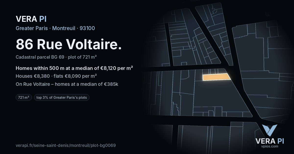 86 Rue Voltaire, Montreuil at night – the plot lit, the parcels around coloured by the prices near them