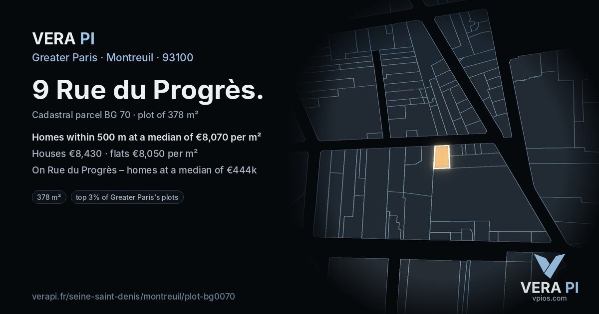 9 Rue du Progrès, Montreuil at night – the plot lit, the parcels around coloured by the prices near them