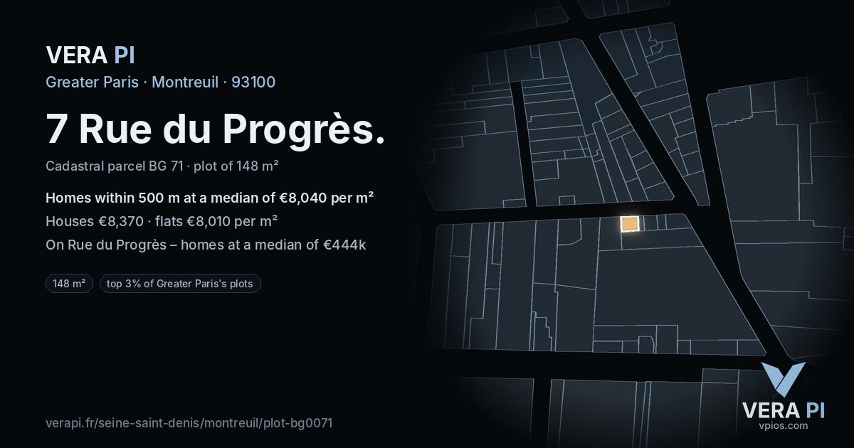 7 Rue du Progrès, Montreuil at night – the plot lit, the parcels around coloured by the prices near them