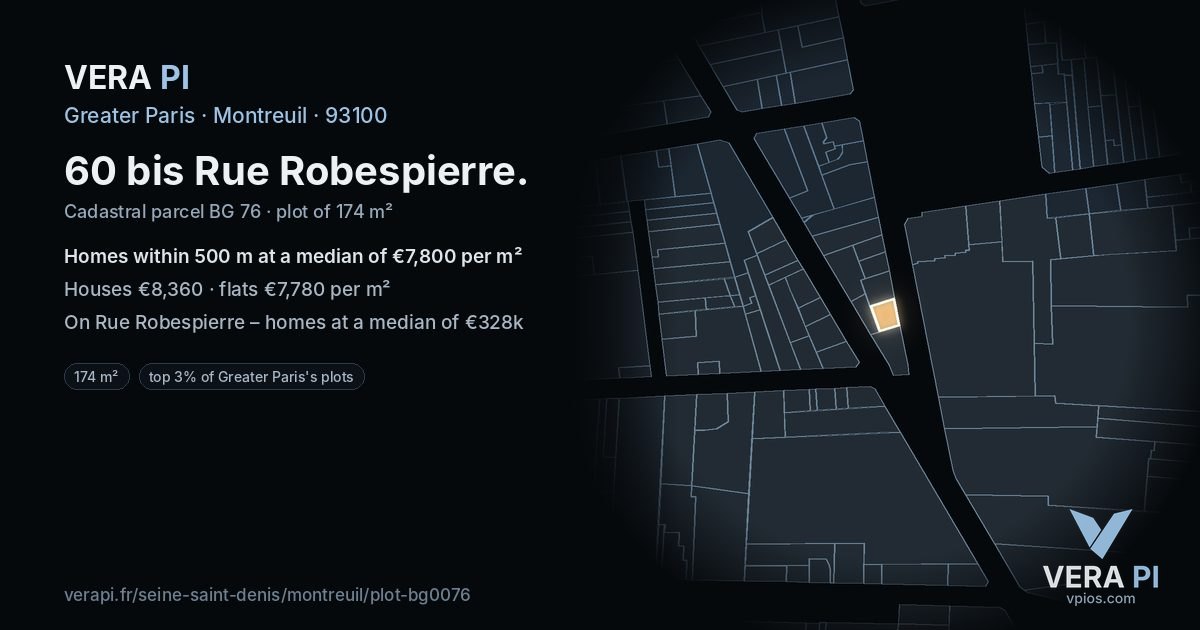 60 bis Rue Robespierre, Montreuil at night – the plot lit, the parcels around coloured by the prices near them