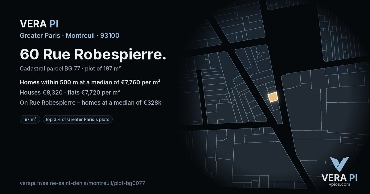 60 Rue Robespierre, Montreuil at night – the plot lit, the parcels around coloured by the prices near them