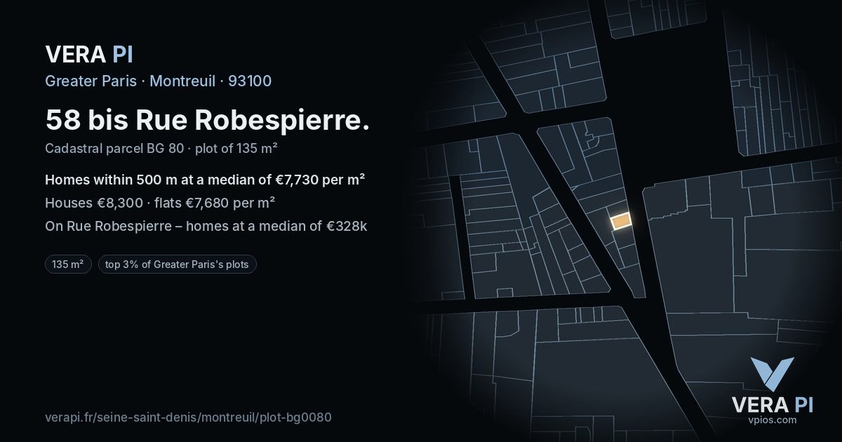 58 bis Rue Robespierre, Montreuil at night – the plot lit, the parcels around coloured by the prices near them