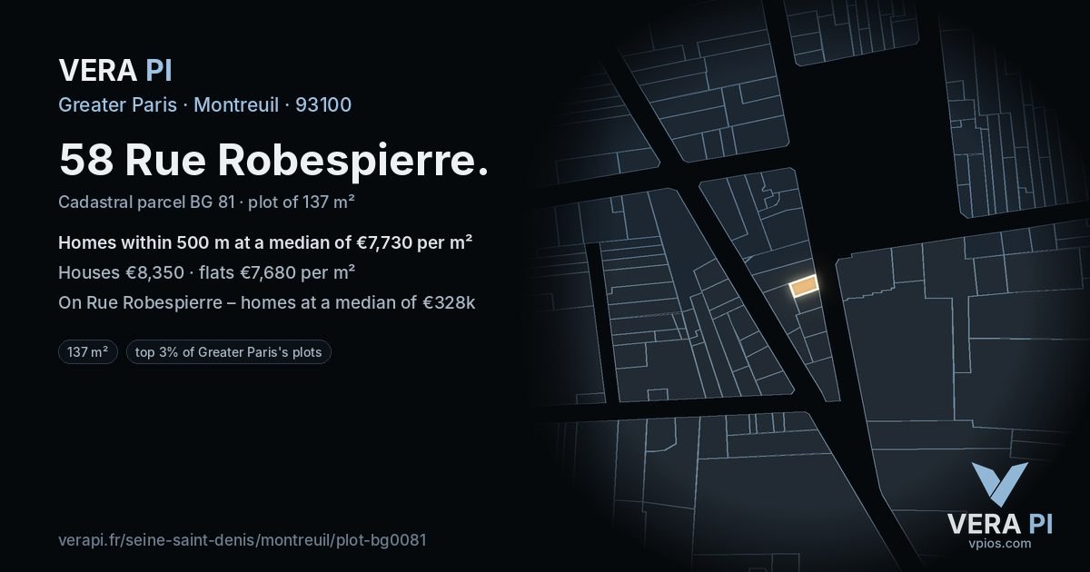 58 Rue Robespierre, Montreuil at night – the plot lit, the parcels around coloured by the prices near them