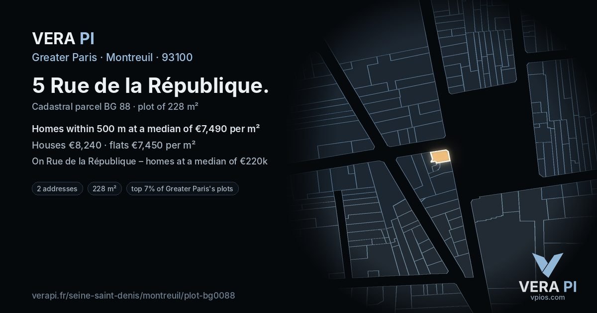 5 Rue de la République, Montreuil at night – the plot lit, the parcels around coloured by the prices near them