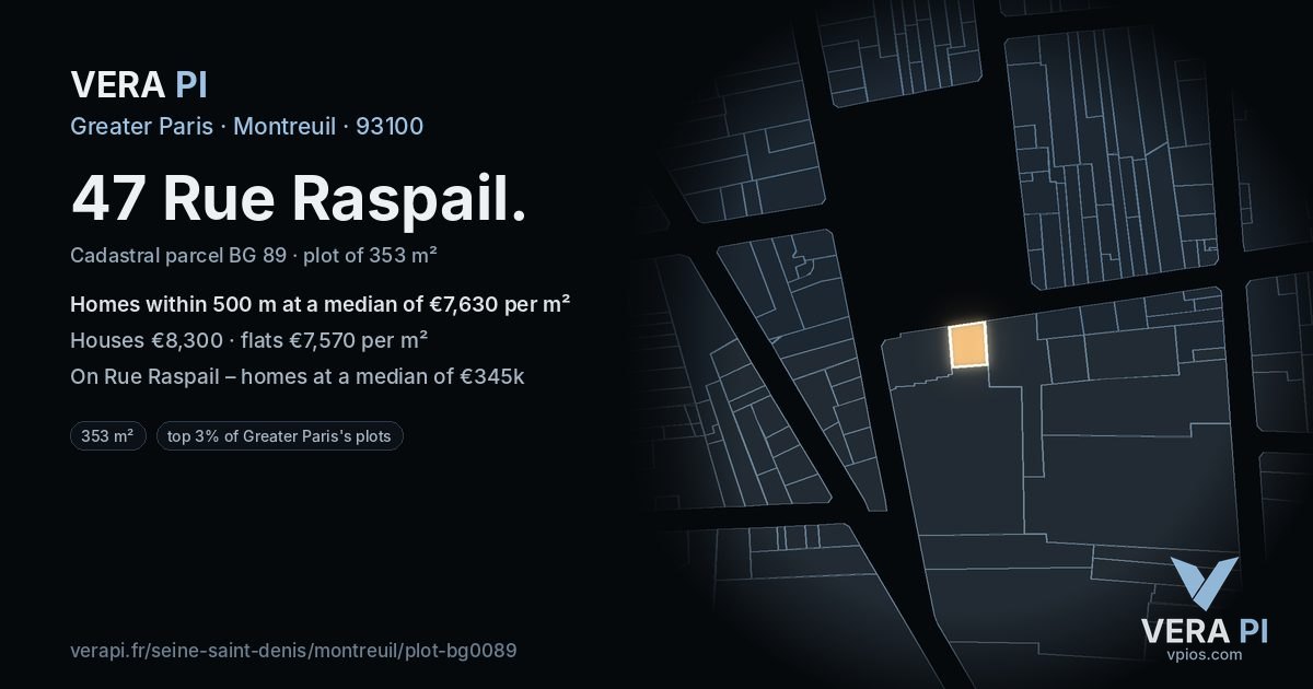 47 Rue Raspail, Montreuil at night – the plot lit, the parcels around coloured by the prices near them