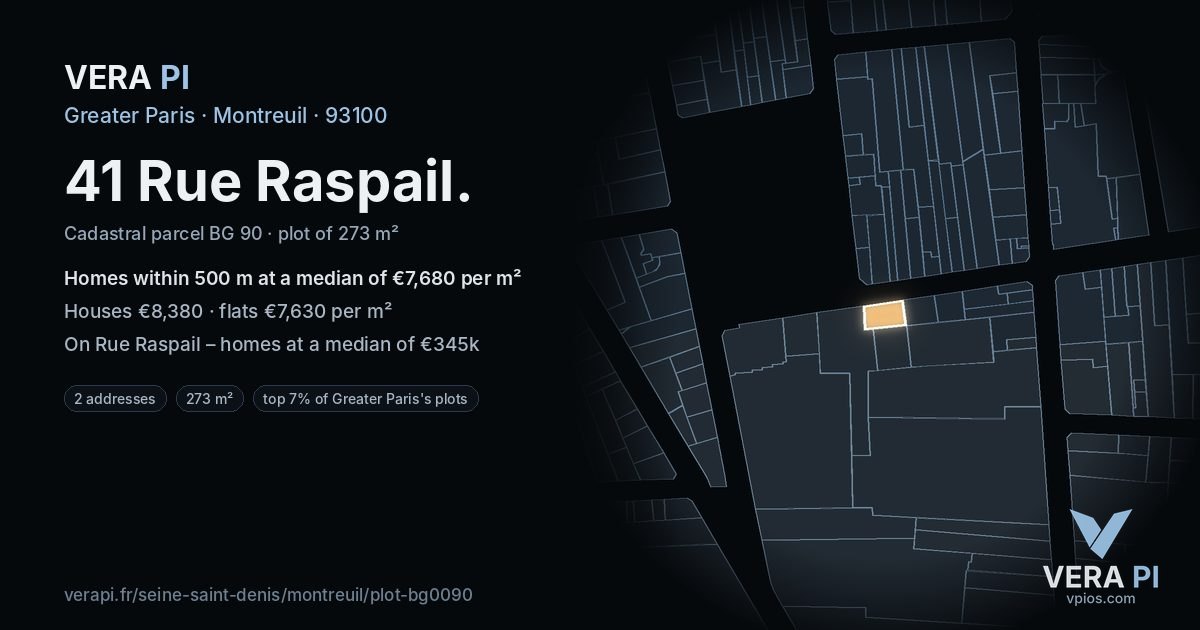 41 Rue Raspail, Montreuil at night – the plot lit, the parcels around coloured by the prices near them