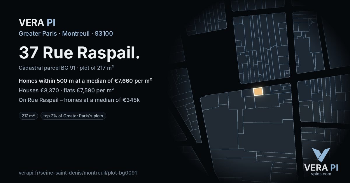 37 Rue Raspail, Montreuil at night – the plot lit, the parcels around coloured by the prices near them