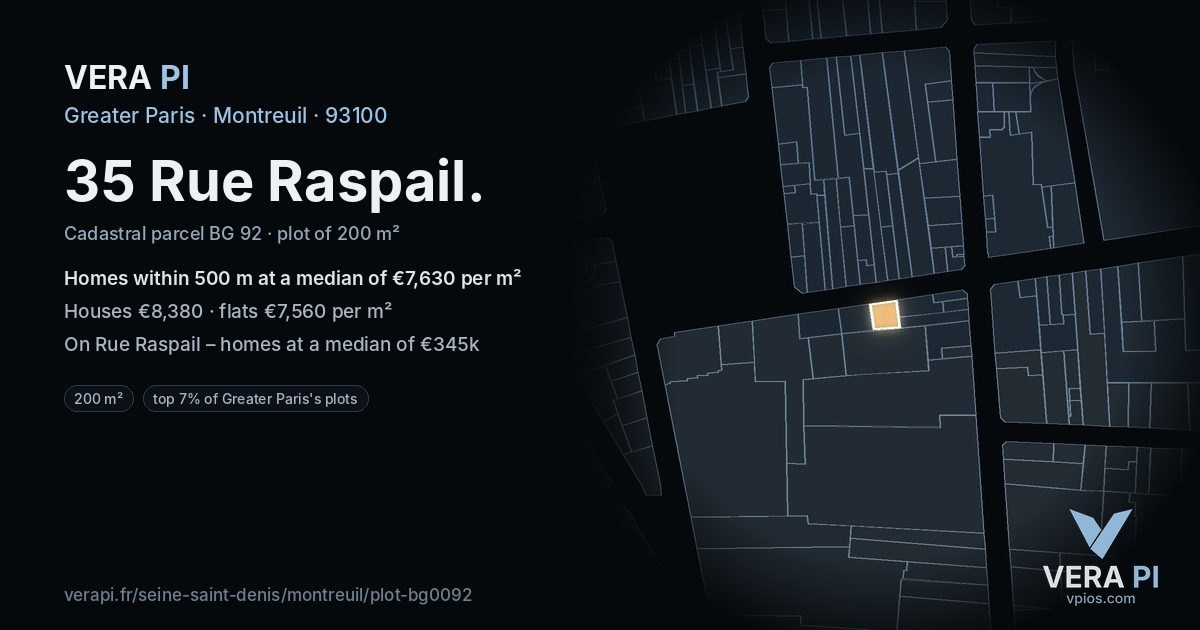35 Rue Raspail, Montreuil at night – the plot lit, the parcels around coloured by the prices near them