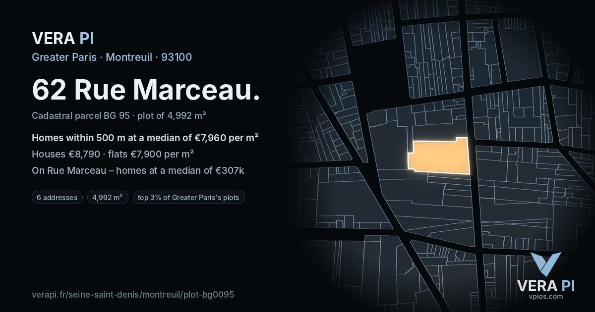 62 Rue Marceau, Montreuil at night – the plot lit, the parcels around coloured by the prices near them