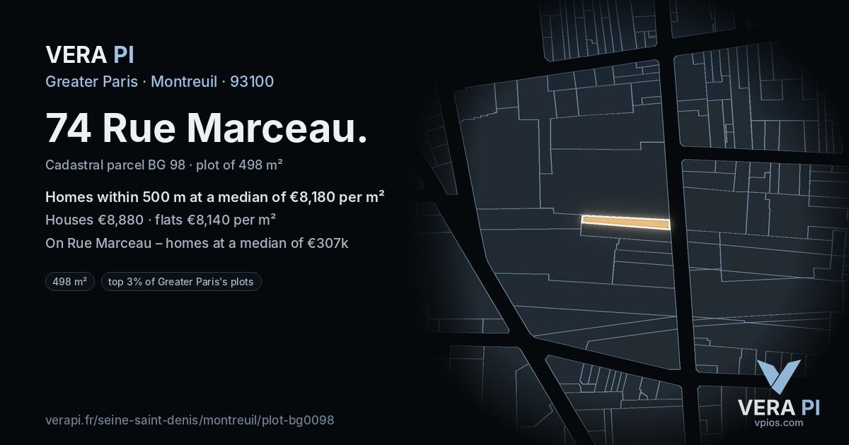 74 Rue Marceau, Montreuil at night – the plot lit, the parcels around coloured by the prices near them