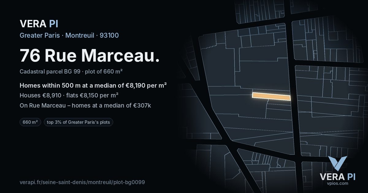 76 Rue Marceau, Montreuil at night – the plot lit, the parcels around coloured by the prices near them