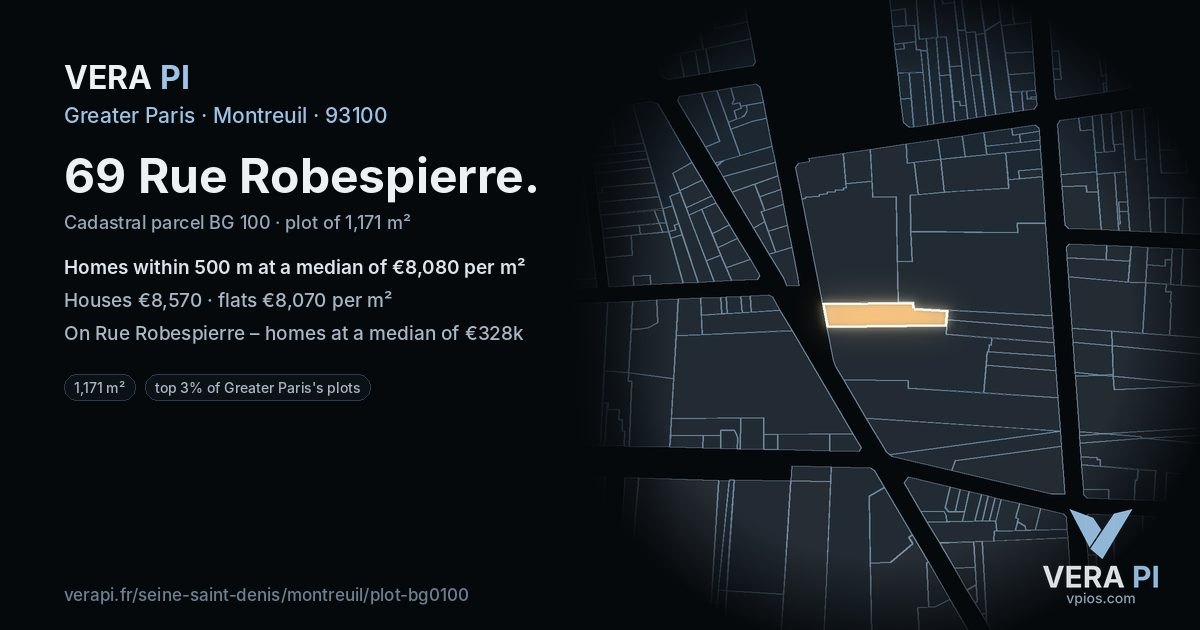 69 Rue Robespierre, Montreuil at night – the plot lit, the parcels around coloured by the prices near them