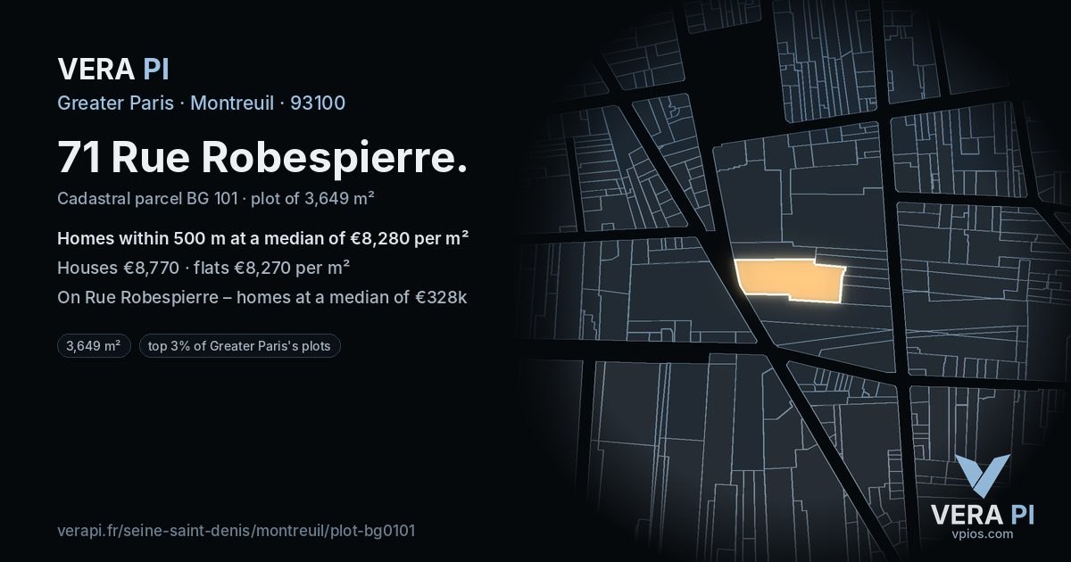 71 Rue Robespierre, Montreuil at night – the plot lit, the parcels around coloured by the prices near them
