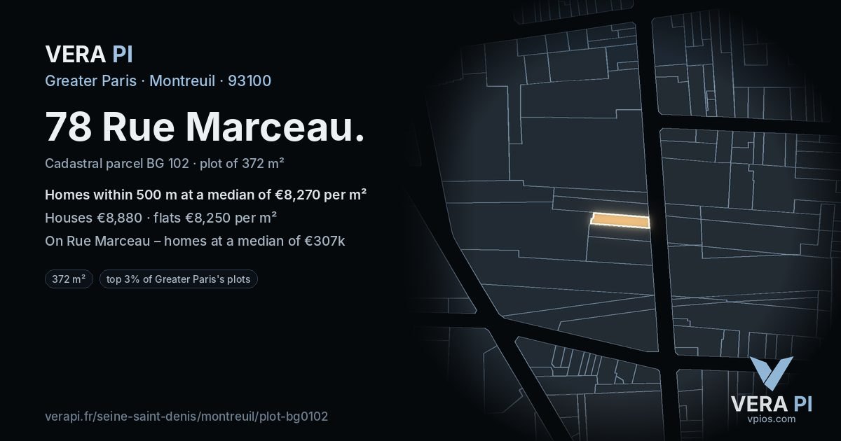 78 Rue Marceau, Montreuil at night – the plot lit, the parcels around coloured by the prices near them