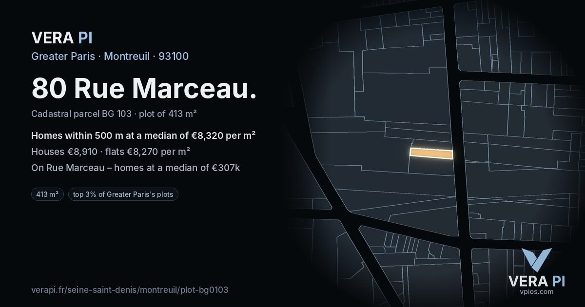 80 Rue Marceau, Montreuil at night – the plot lit, the parcels around coloured by the prices near them