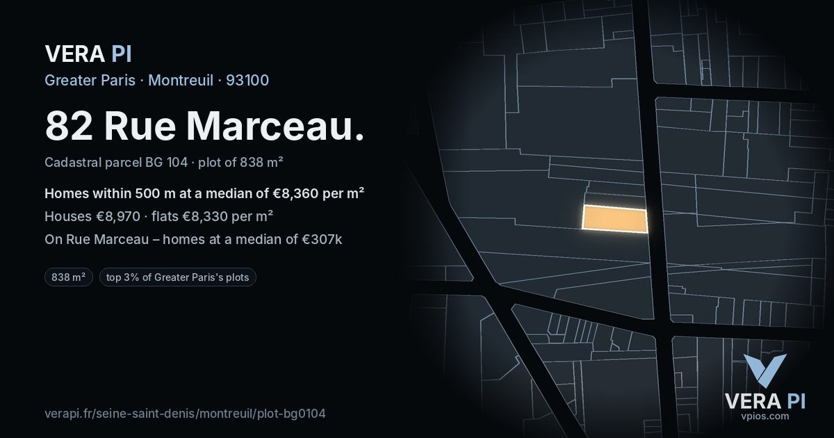 82 Rue Marceau, Montreuil at night – the plot lit, the parcels around coloured by the prices near them