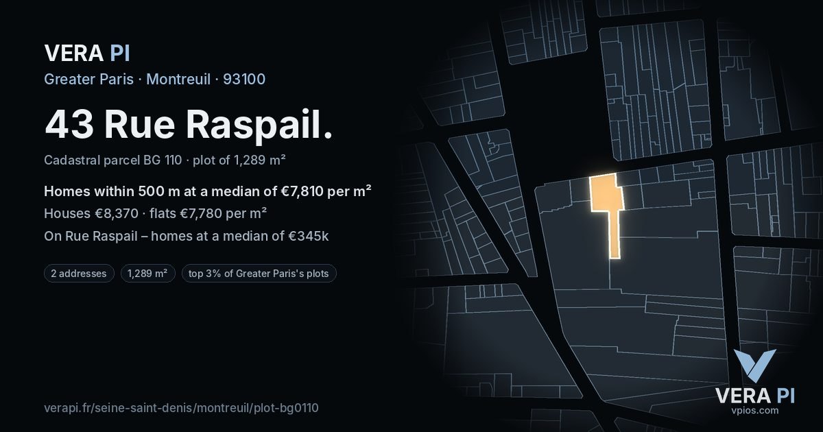 43 Rue Raspail, Montreuil at night – the plot lit, the parcels around coloured by the prices near them
