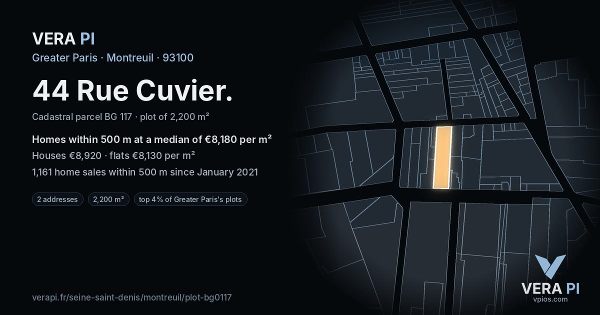 44 Rue Cuvier, Montreuil at night – the plot lit, the parcels around coloured by the prices near them