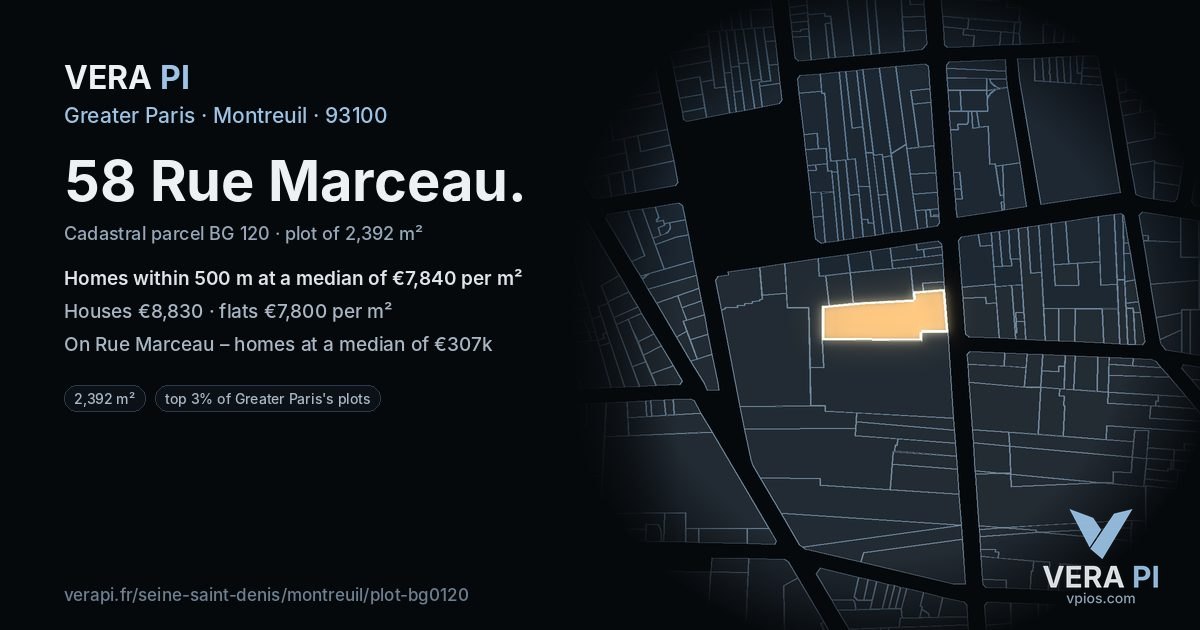 58 Rue Marceau, Montreuil at night – the plot lit, the parcels around coloured by the prices near them