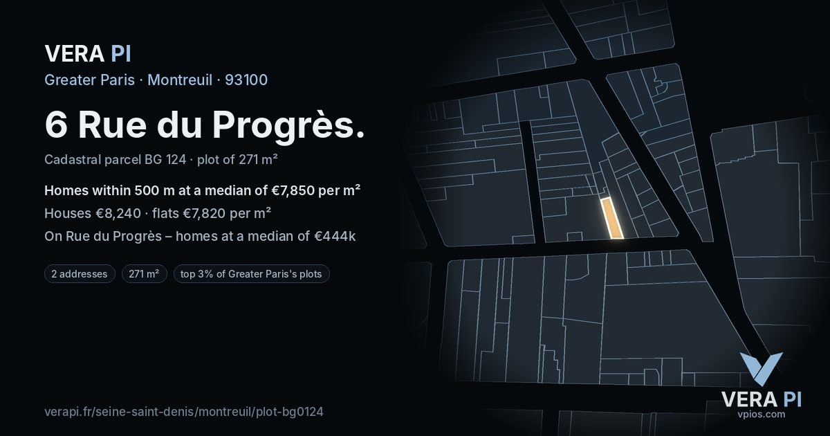 6 Rue du Progrès, Montreuil at night – the plot lit, the parcels around coloured by the prices near them