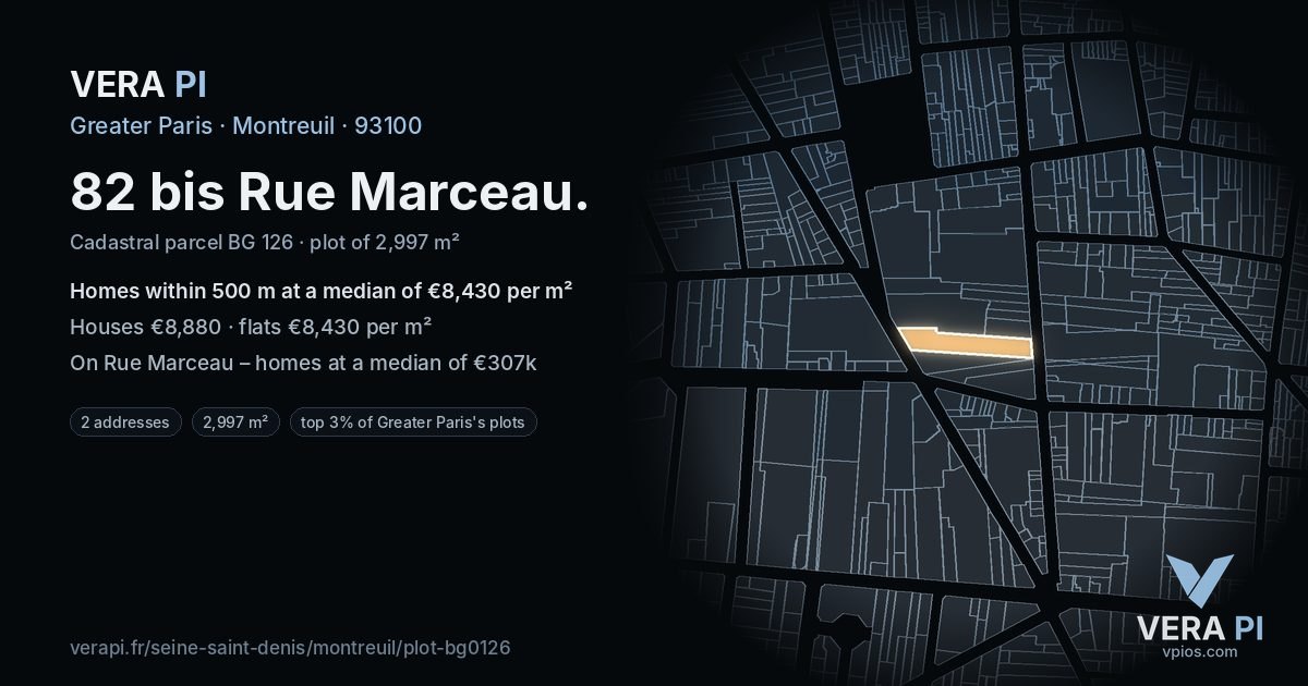 82 bis Rue Marceau, Montreuil at night – the plot lit, the parcels around coloured by the prices near them