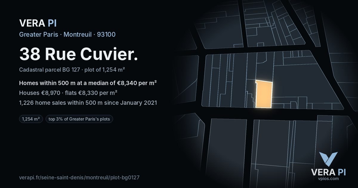 38 Rue Cuvier, Montreuil at night – the plot lit, the parcels around coloured by the prices near them