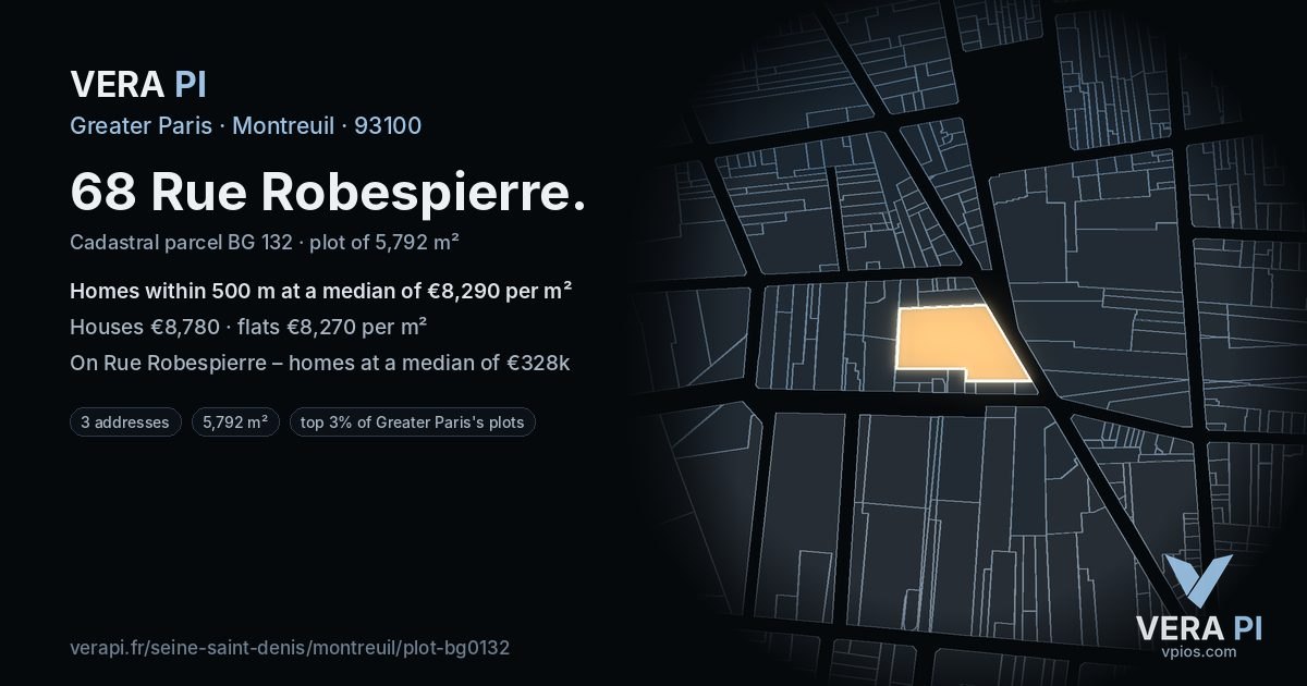 68 Rue Robespierre, Montreuil at night – the plot lit, the parcels around coloured by the prices near them