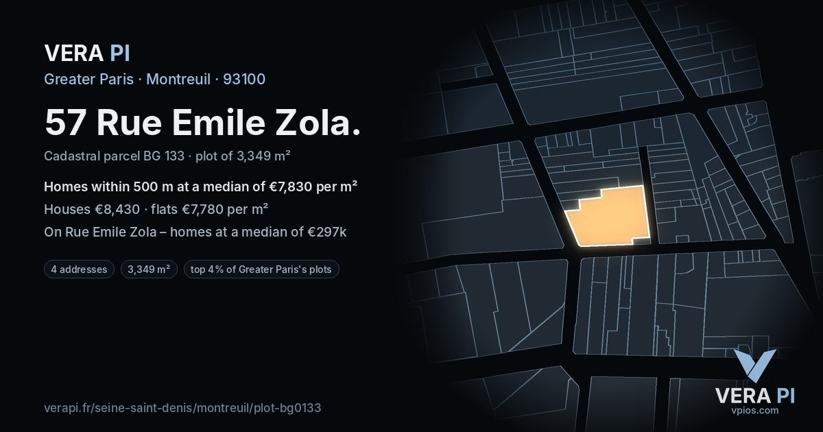 57 Rue Emile Zola, Montreuil at night – the plot lit, the parcels around coloured by the prices near them