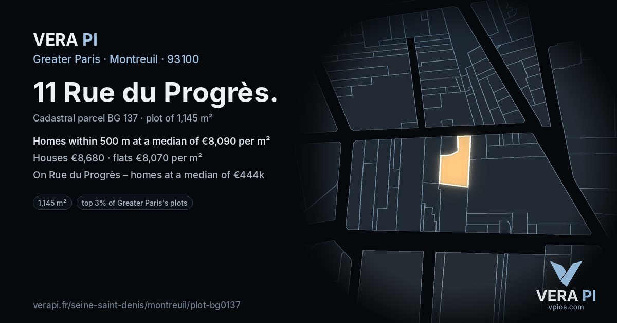 11 Rue du Progrès, Montreuil at night – the plot lit, the parcels around coloured by the prices near them