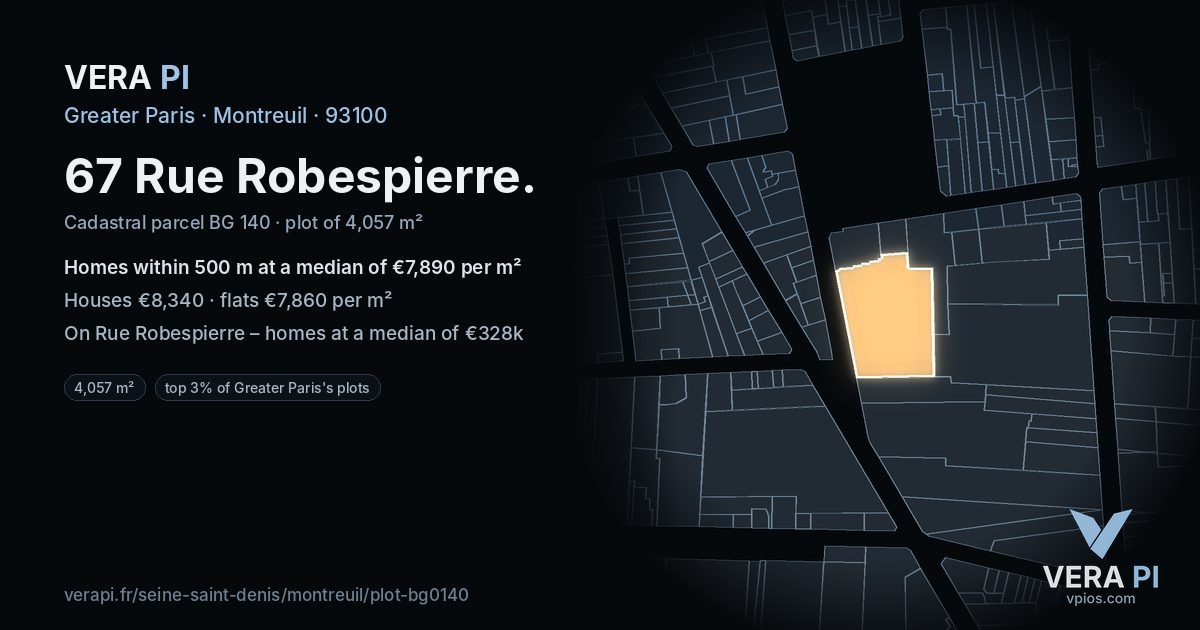 67 Rue Robespierre, Montreuil at night – the plot lit, the parcels around coloured by the prices near them