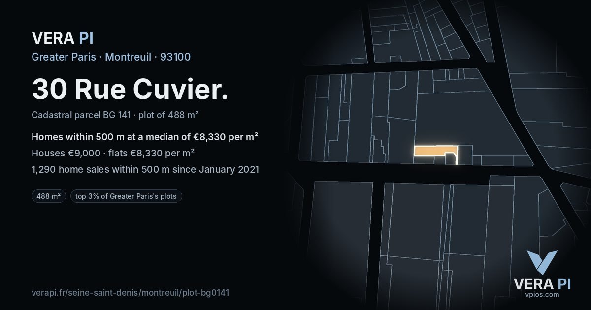 30 Rue Cuvier, Montreuil at night – the plot lit, the parcels around coloured by the prices near them