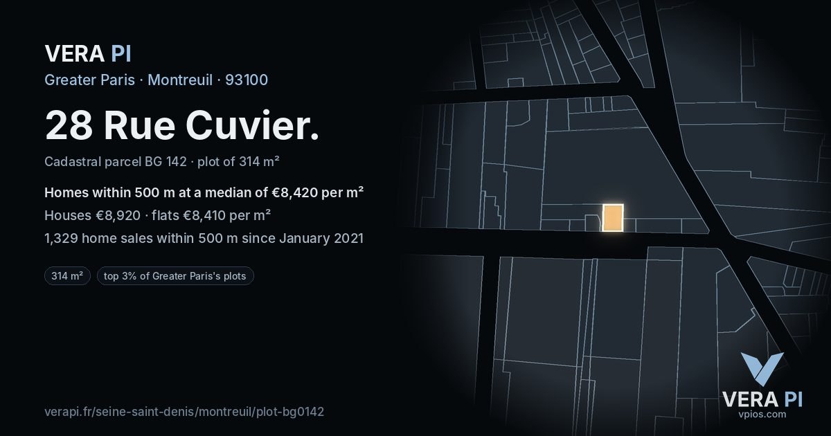 28 Rue Cuvier, Montreuil at night – the plot lit, the parcels around coloured by the prices near them