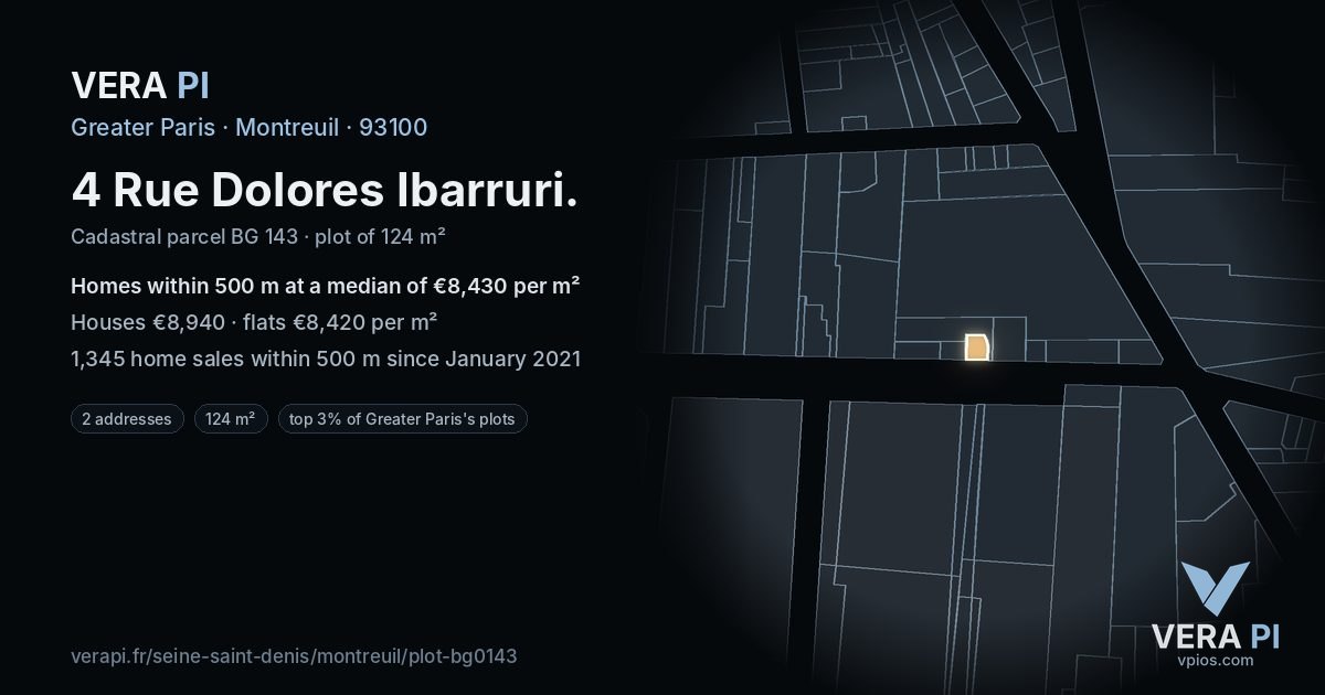 4 Rue Dolores Ibarruri, Montreuil at night – the plot lit, the parcels around coloured by the prices near them