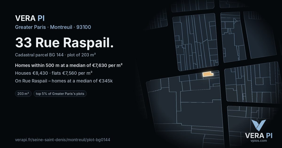 33 Rue Raspail, Montreuil at night – the plot lit, the parcels around coloured by the prices near them