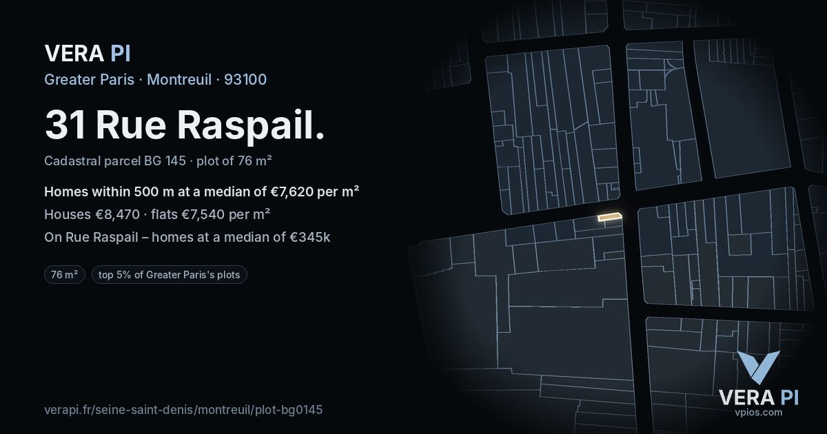 31 Rue Raspail, Montreuil at night – the plot lit, the parcels around coloured by the prices near them