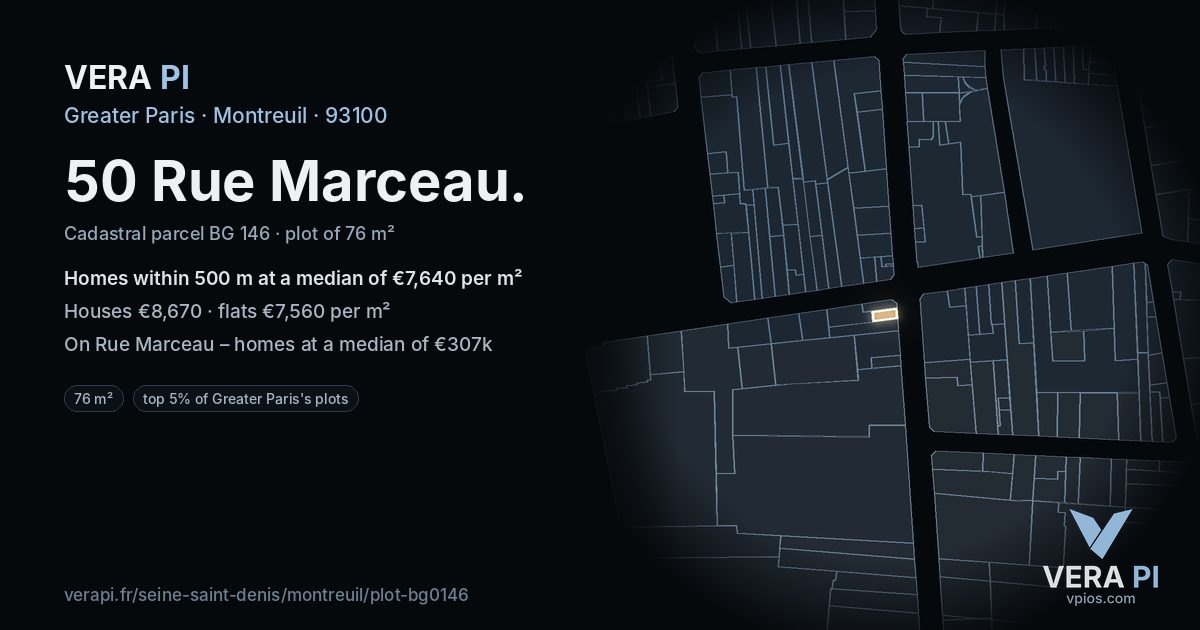50 Rue Marceau, Montreuil at night – the plot lit, the parcels around coloured by the prices near them
