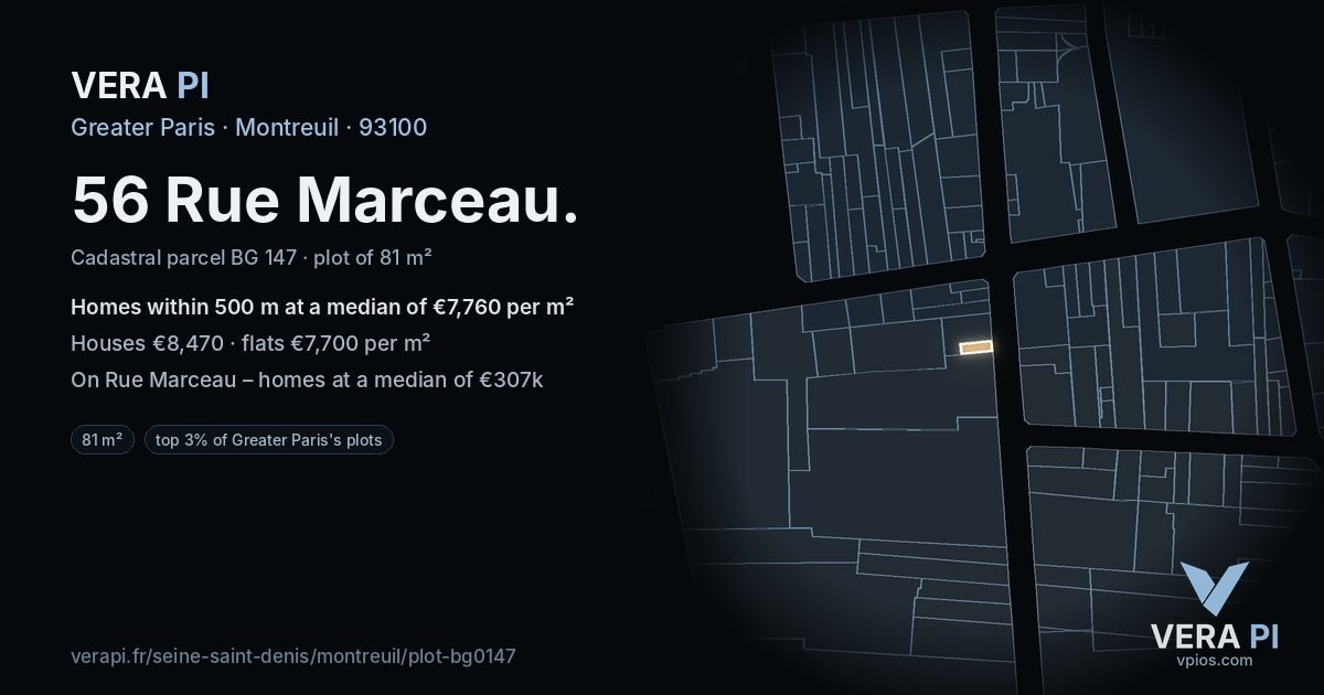56 Rue Marceau, Montreuil at night – the plot lit, the parcels around coloured by the prices near them
