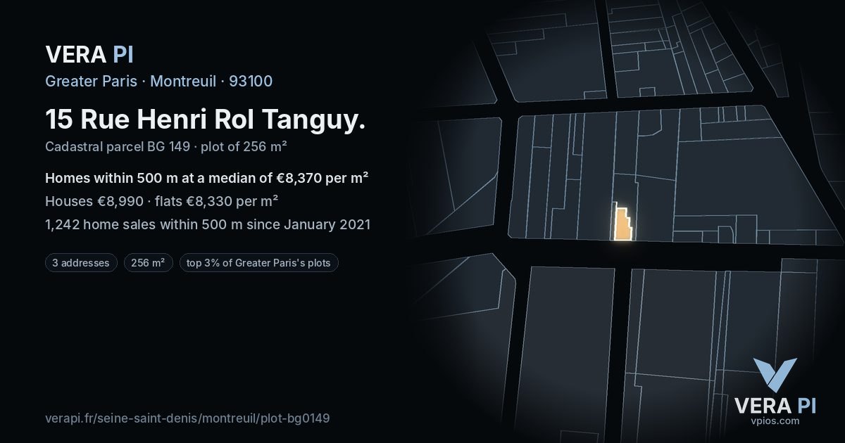 15 Rue Henri Rol Tanguy, Montreuil at night – the plot lit, the parcels around coloured by the prices near them