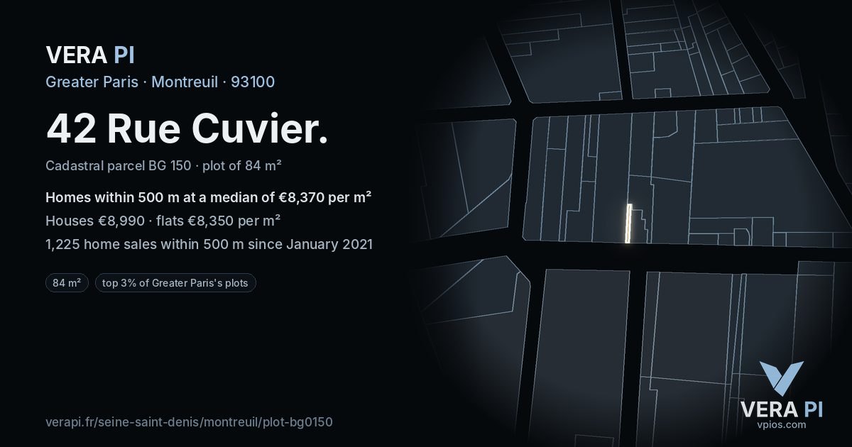 42 Rue Cuvier, Montreuil at night – the plot lit, the parcels around coloured by the prices near them