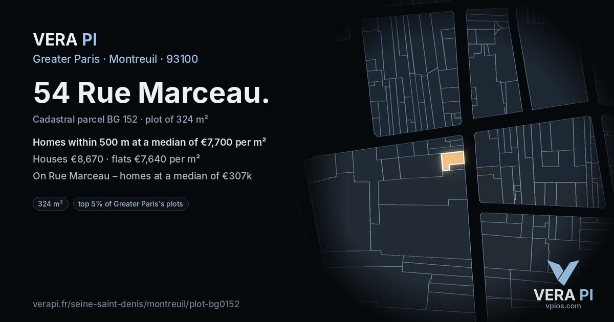 54 Rue Marceau, Montreuil at night – the plot lit, the parcels around coloured by the prices near them