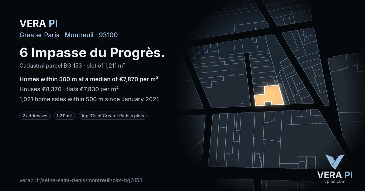 6 Impasse du Progrès, Montreuil at night – the plot lit, the parcels around coloured by the prices near them