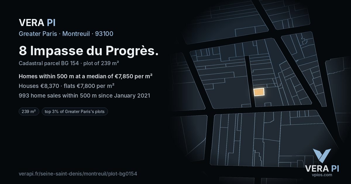 8 Impasse du Progrès, Montreuil at night – the plot lit, the parcels around coloured by the prices near them