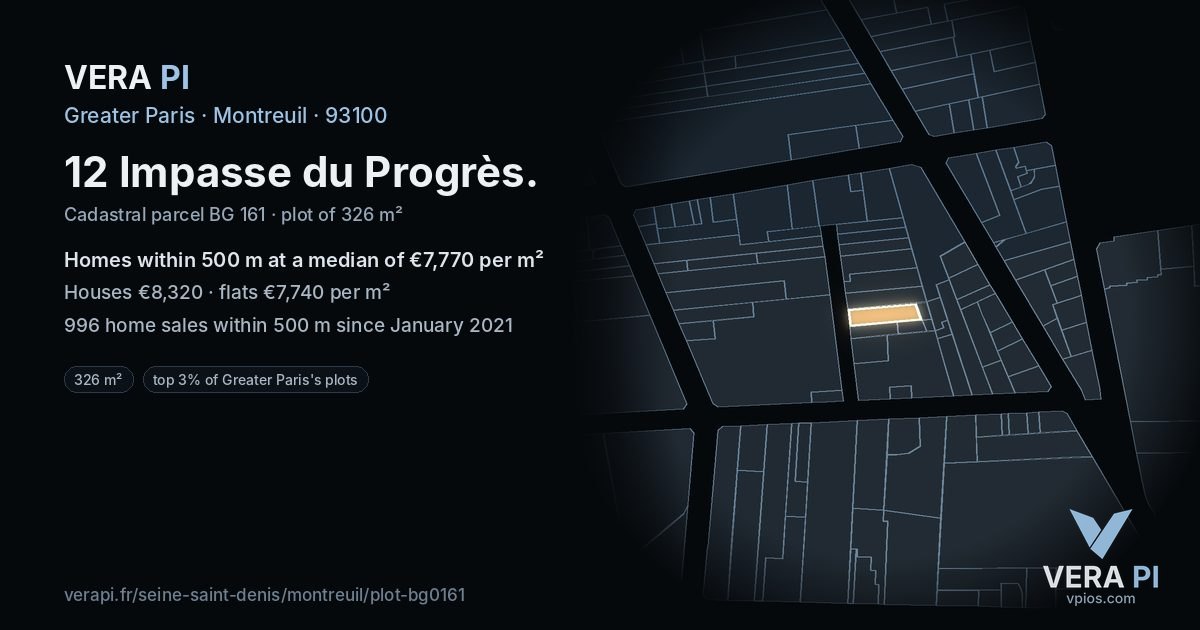 12 Impasse du Progrès, Montreuil at night – the plot lit, the parcels around coloured by the prices near them