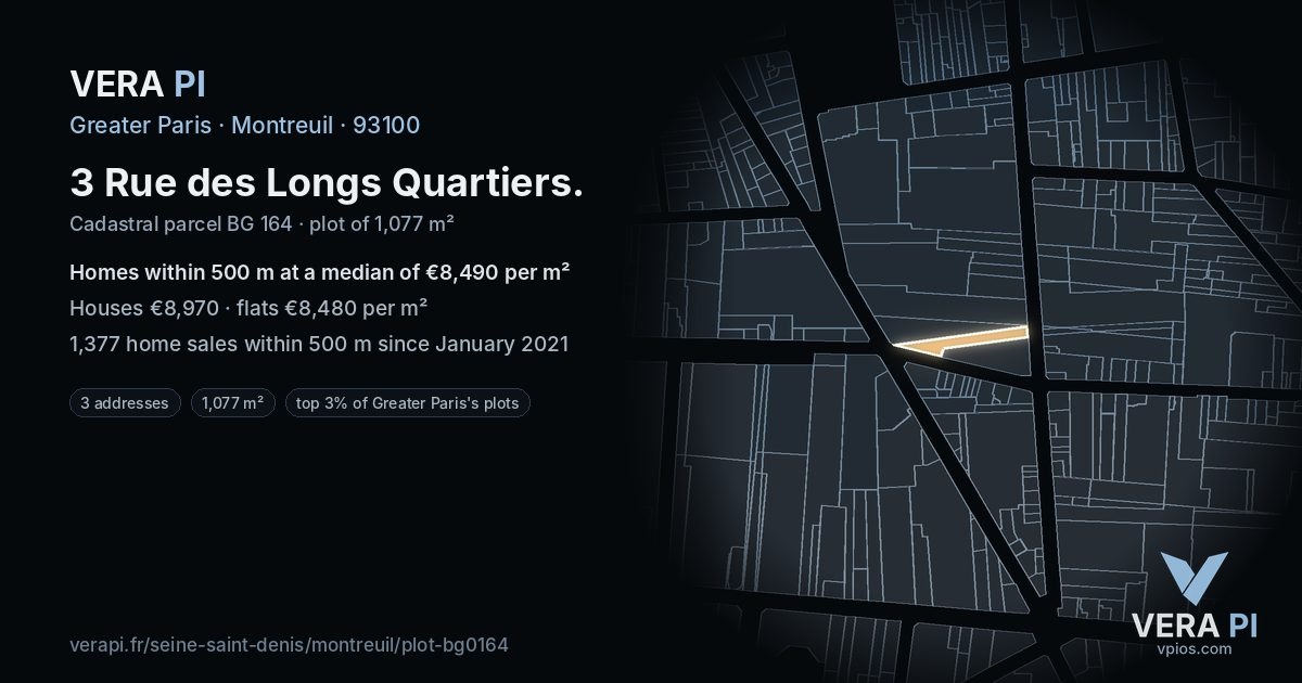 3 Rue des Longs Quartiers, Montreuil at night – the plot lit, the parcels around coloured by the prices near them