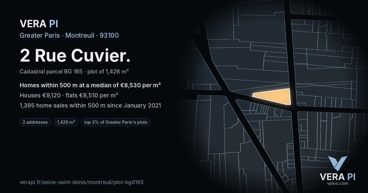 2 Rue Cuvier, Montreuil at night – the plot lit, the parcels around coloured by the prices near them