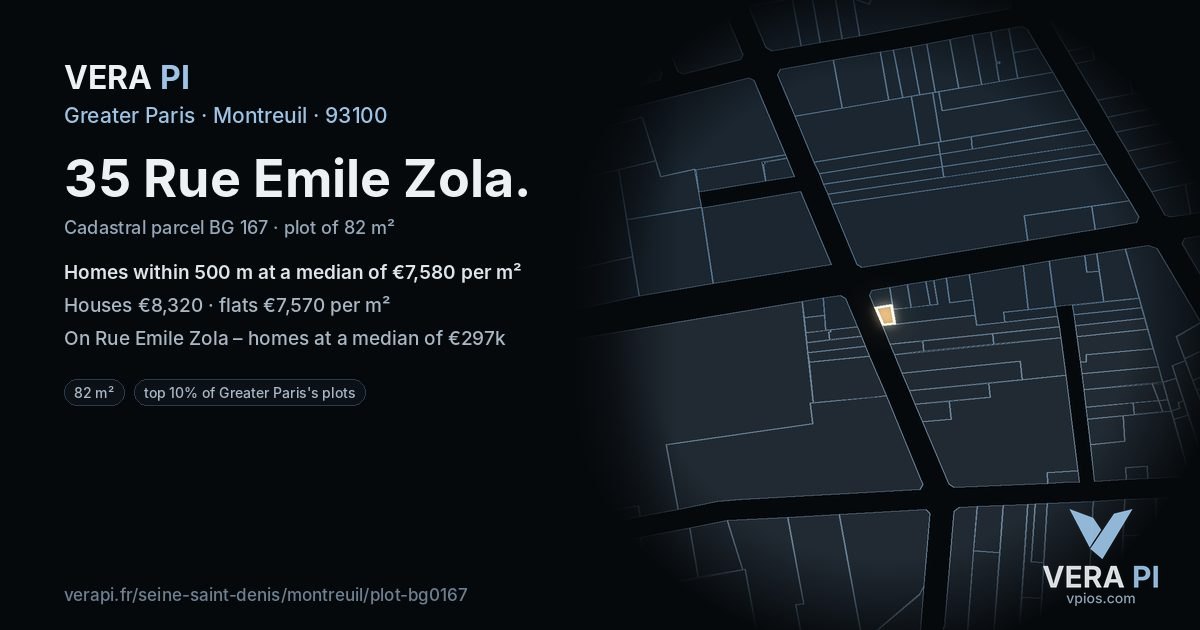 35 Rue Emile Zola, Montreuil at night – the plot lit, the parcels around coloured by the prices near them