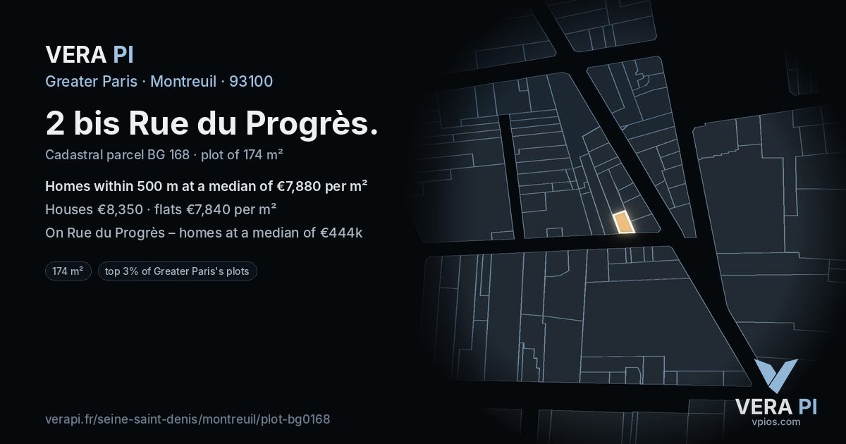 2 bis Rue du Progrès, Montreuil at night – the plot lit, the parcels around coloured by the prices near them