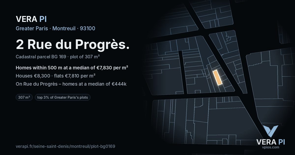 2 Rue du Progrès, Montreuil at night – the plot lit, the parcels around coloured by the prices near them