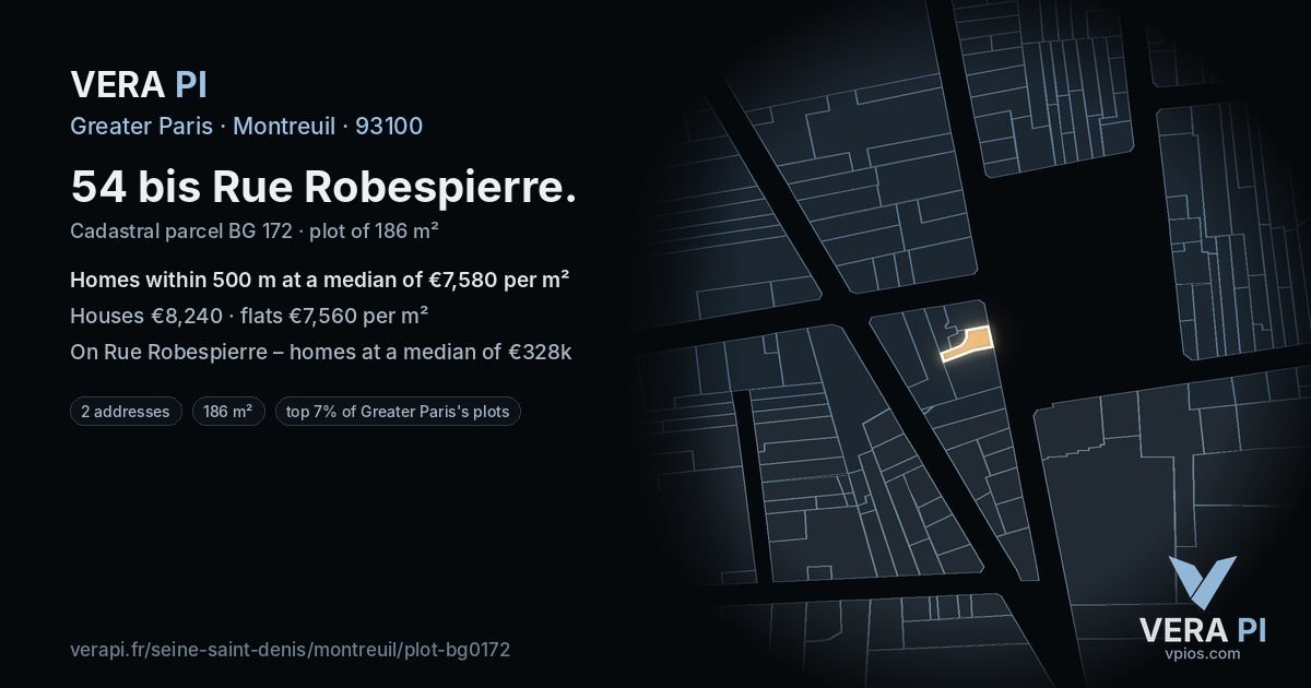 54 bis Rue Robespierre, Montreuil at night – the plot lit, the parcels around coloured by the prices near them