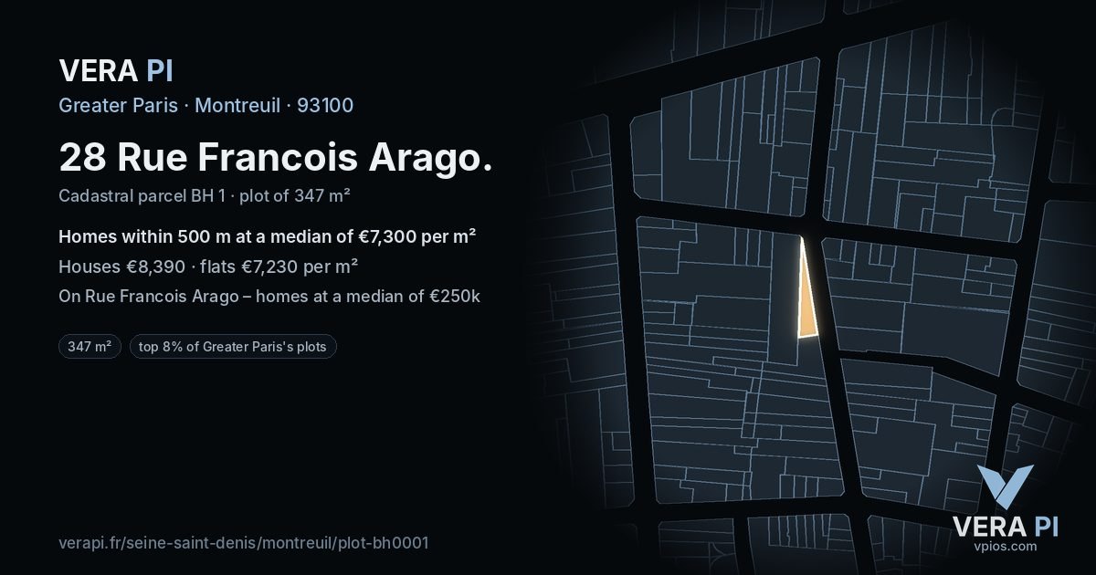 28 Rue Francois Arago, Montreuil at night – the plot lit, the parcels around coloured by the prices near them
